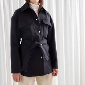 & Other Stories navy wool blend belted jacket shacket shirt style minimal